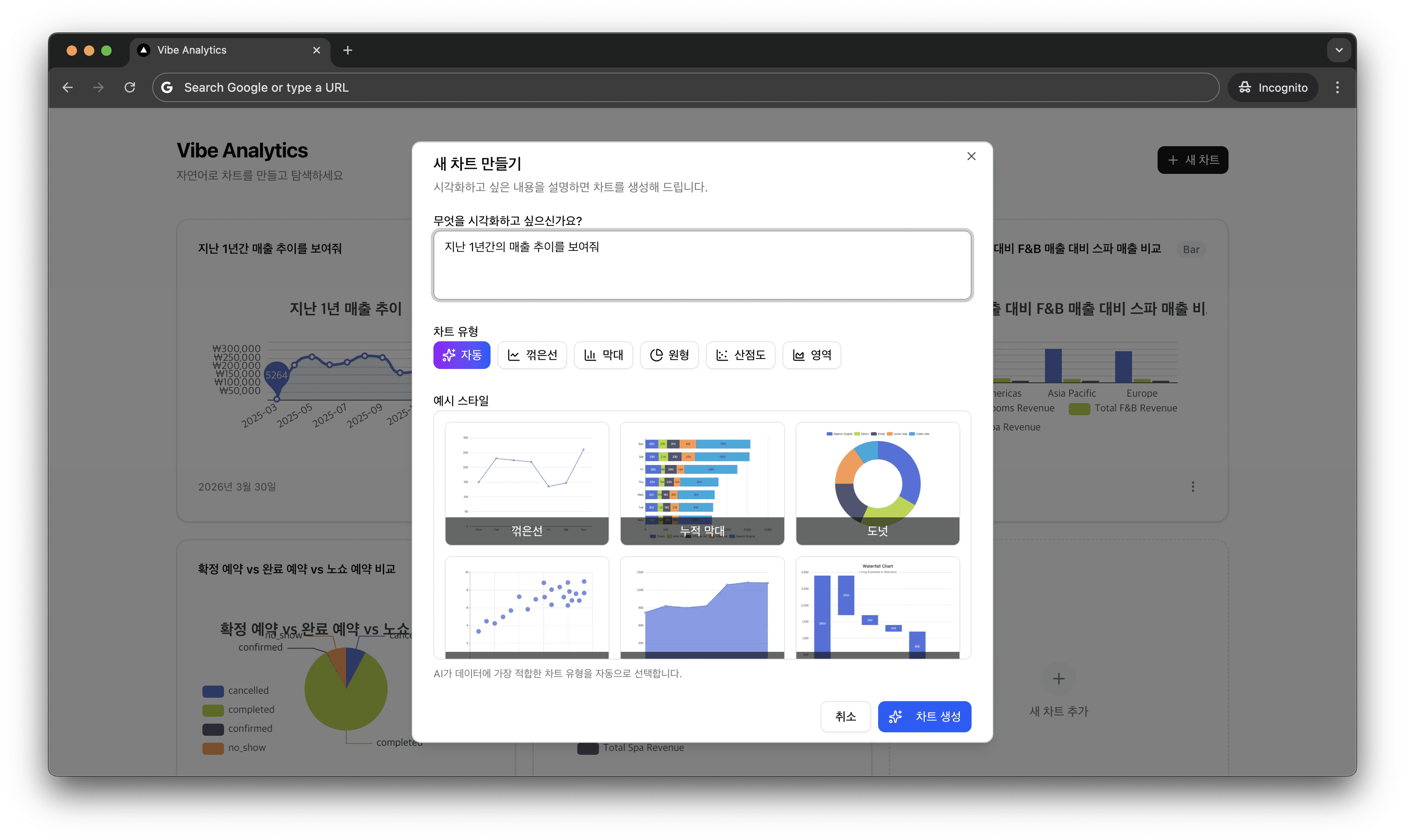 Vibe Analytics 서비스 예시 - 예약 상태 비율 파이 차트 화면